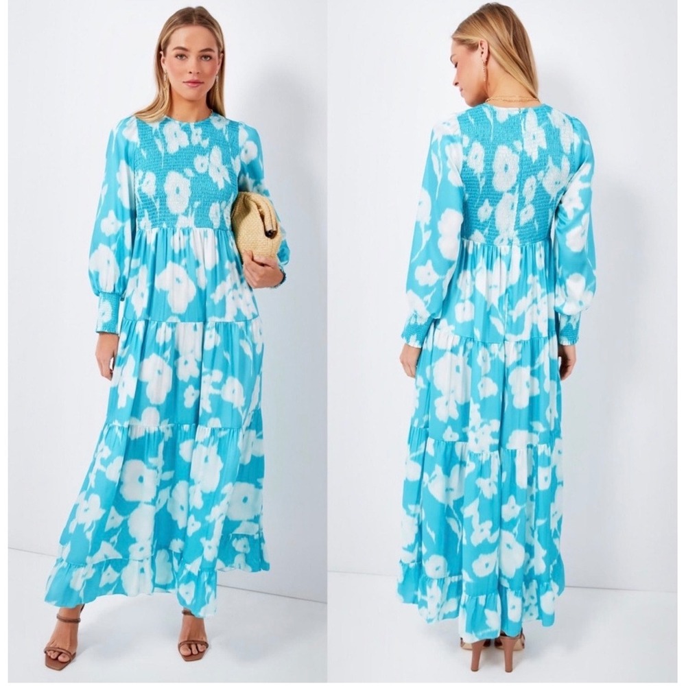 Tuckernuck‎ Watercolor Floral Libby Turquoise Maxi Dress XXS Long Puff Sleeve